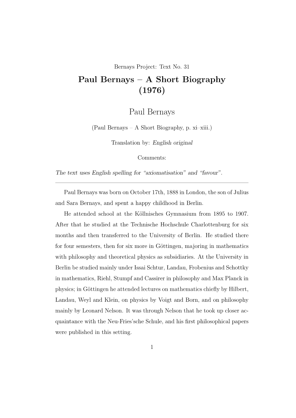 Paul Bernays – a Short Biography (1976)