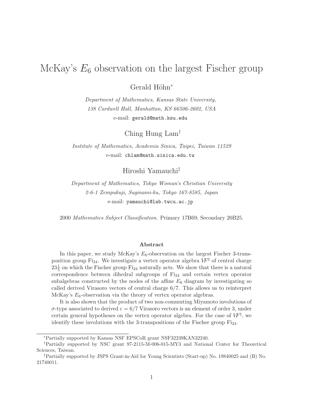 Mckay's E6 Observation on the Largest Fischer Group