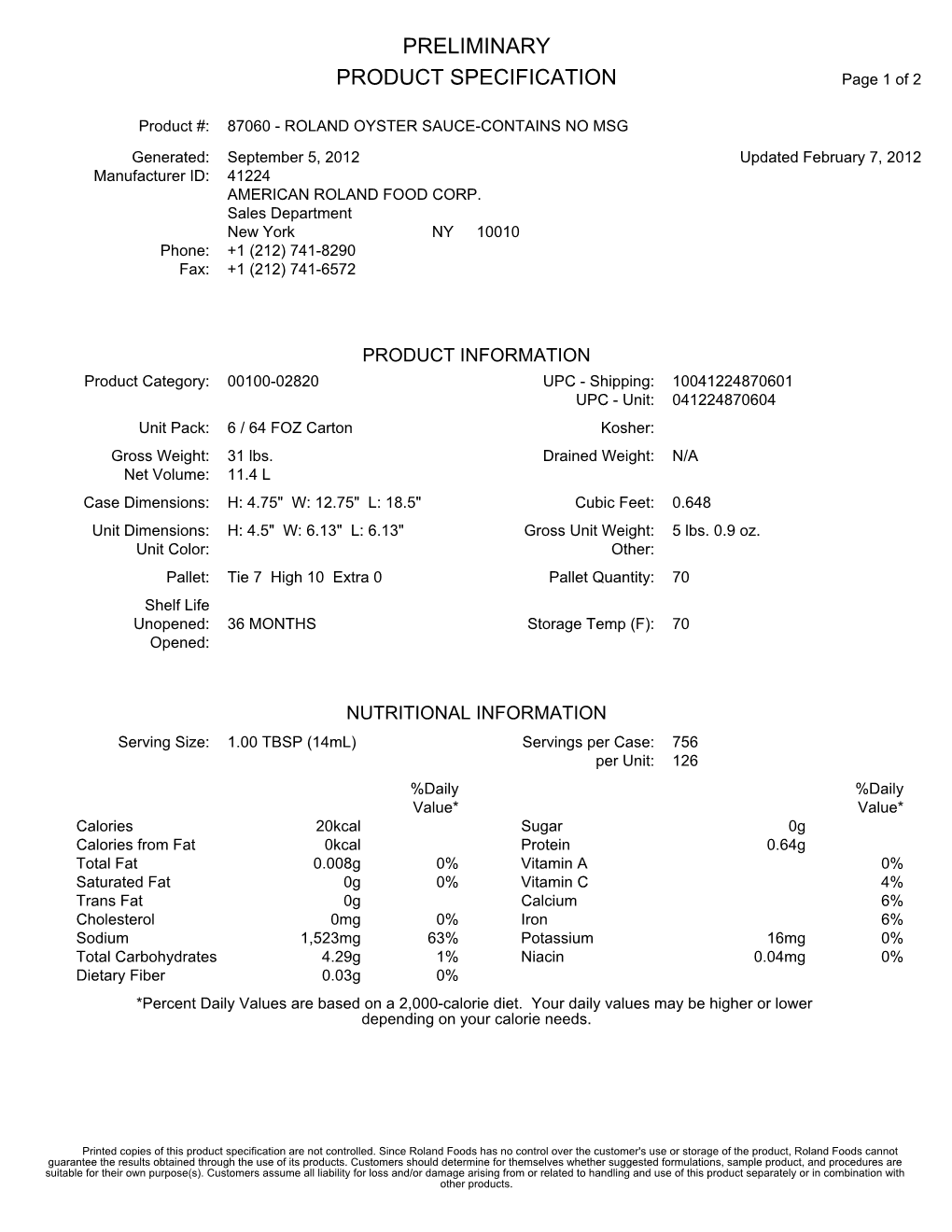 PRELIMINARY PRODUCT SPECIFICATION Page 1 of 2