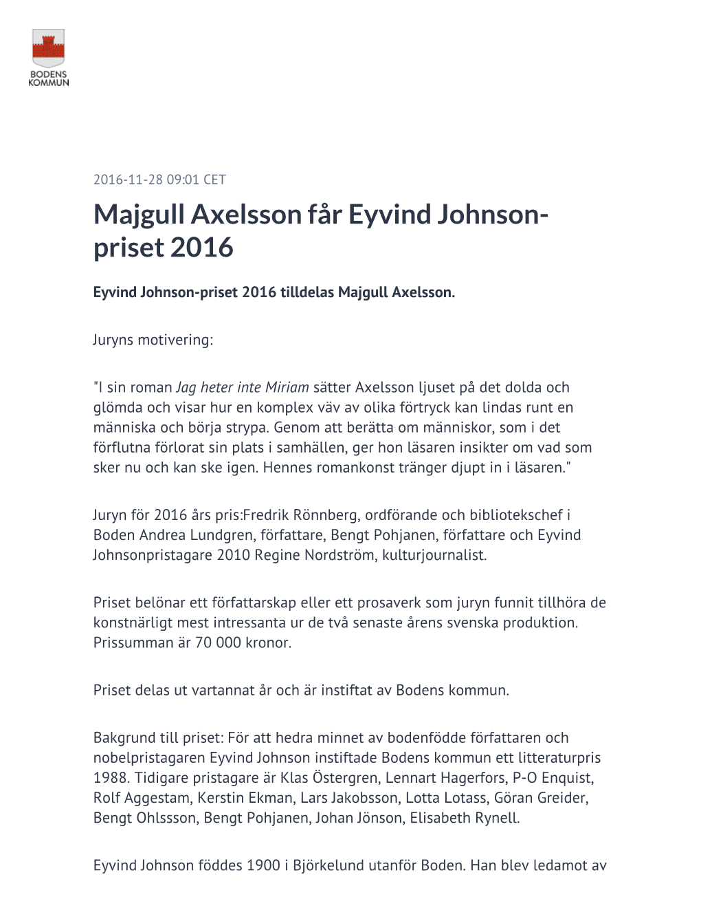 Majgull Axelsson Får Eyvind Johnson-Priset 2016