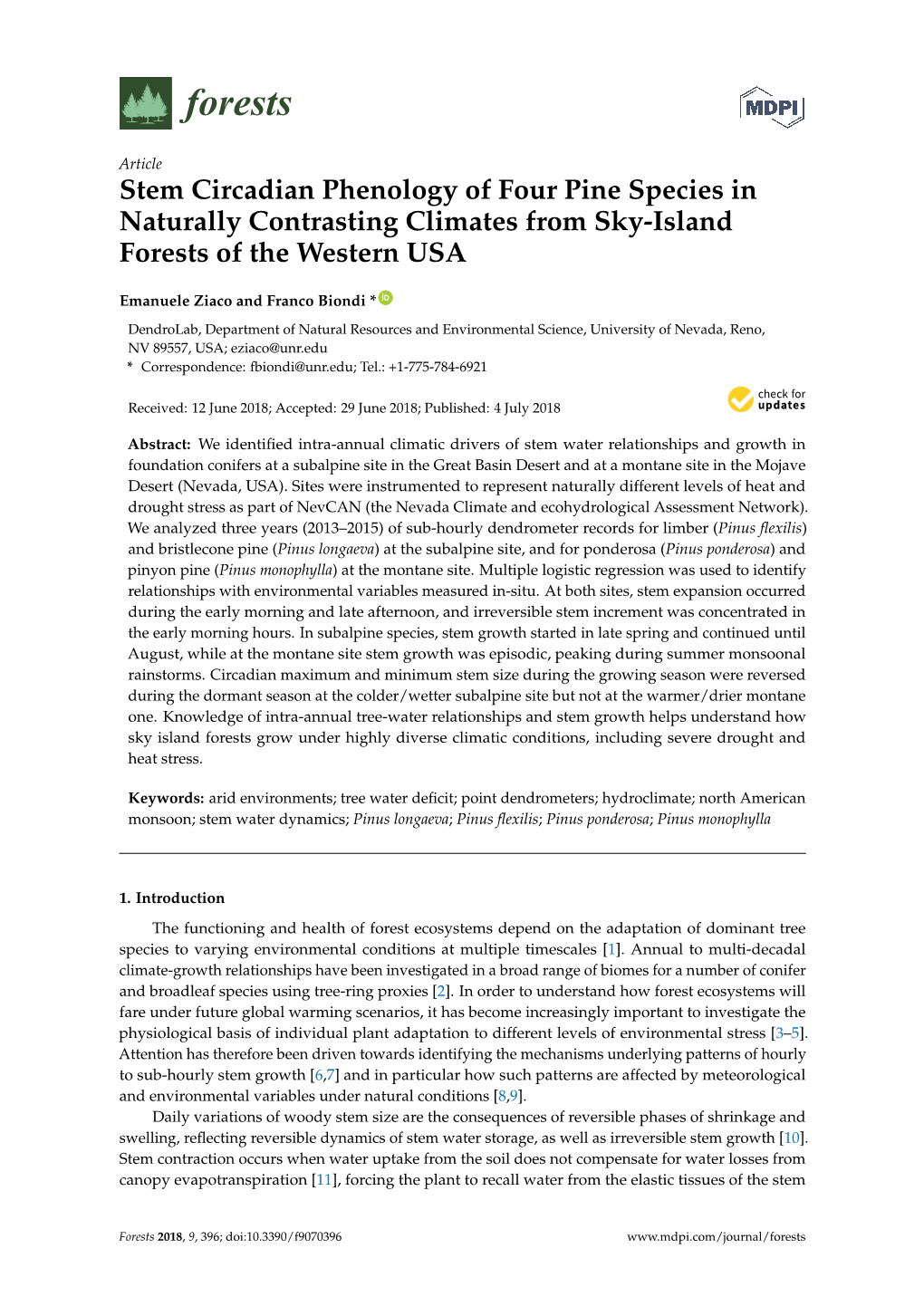 Stem Circadian Phenology of Four Pine Species in Naturally Contrasting Climates from Sky-Island Forests of the Western USA