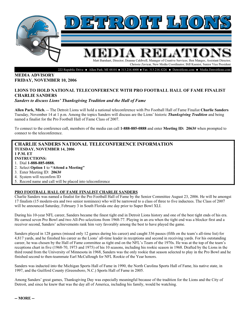 Charlie Sanders National Teleconference Information Tuesday, November 14, 2006 1 P.M