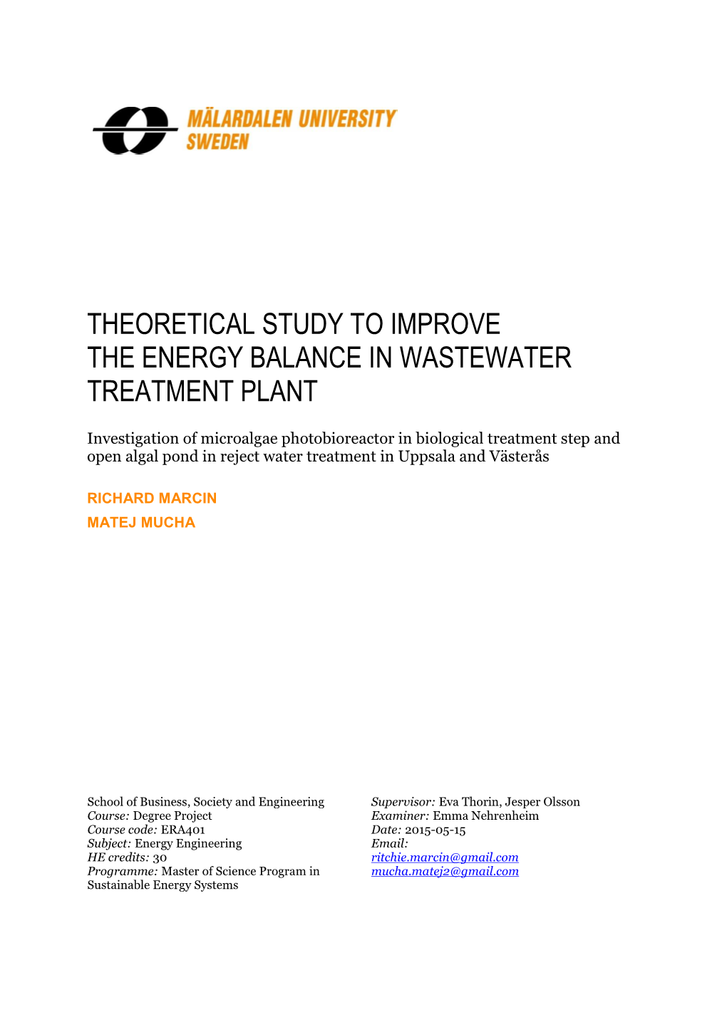 Theoretical Study to Improve the Energy Balance in Wastewater Treatment Plant