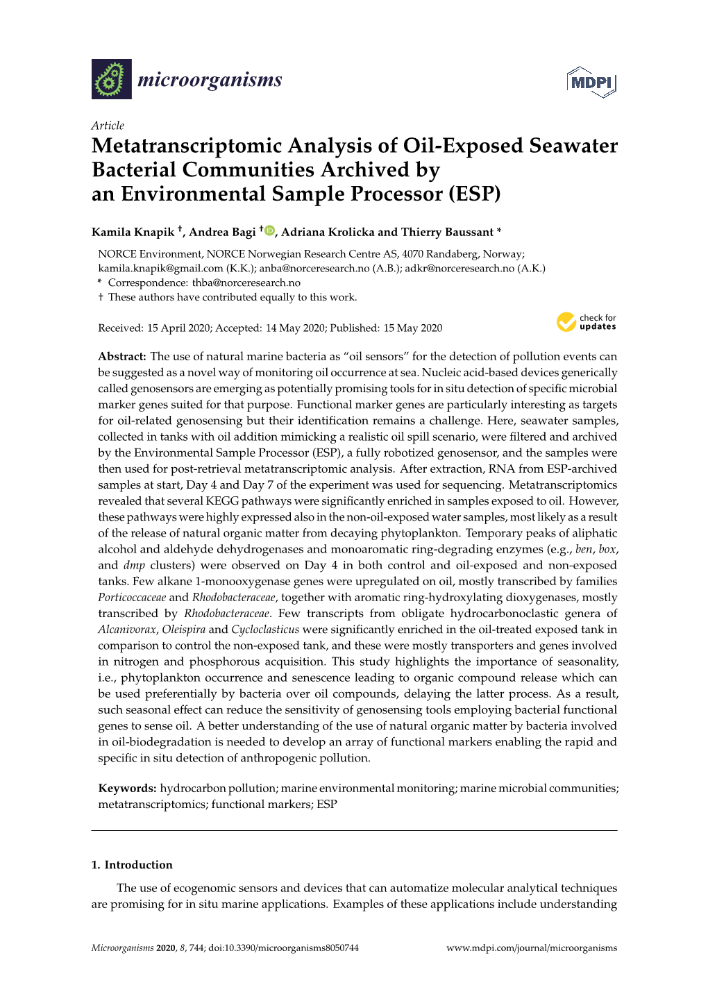 Metatranscriptomic Analysis of Oil-Exposed Seawater Bacterial Communities Archived by an Environmental Sample Processor (ESP)