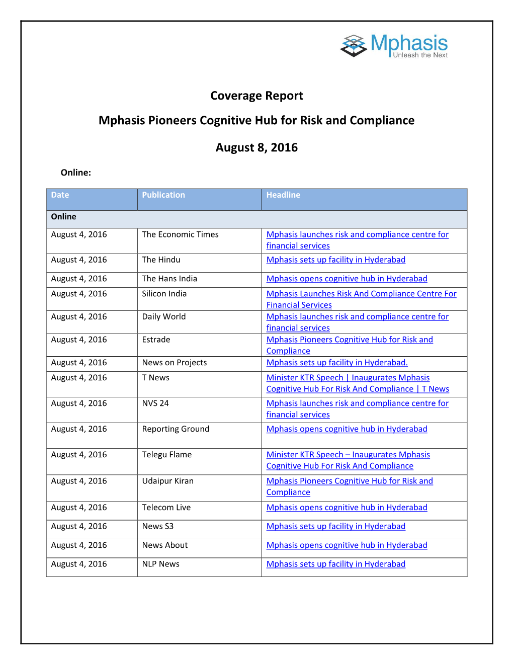 Coverage Report Mphasis Pioneers Cognitive Hub for Risk and Compliance