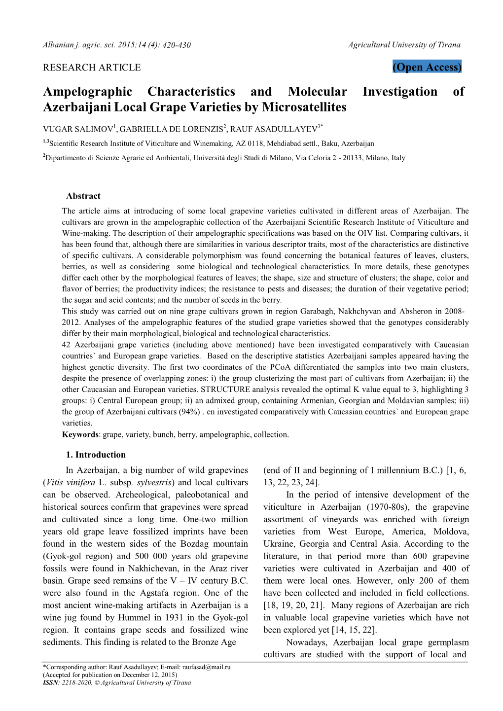 Ampelographic Characteristics and Molecular Investigation of Azerbaijani Local Grape Varieties by Microsatellites