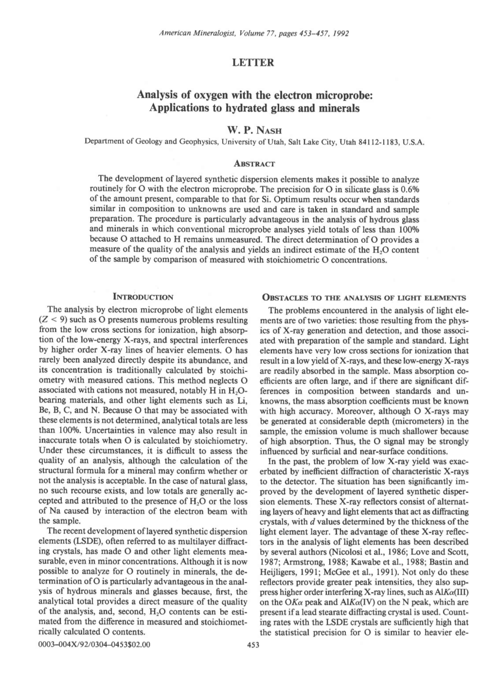 LETTER Analysis of Oxygen with the Electron Microprobe: Applications To