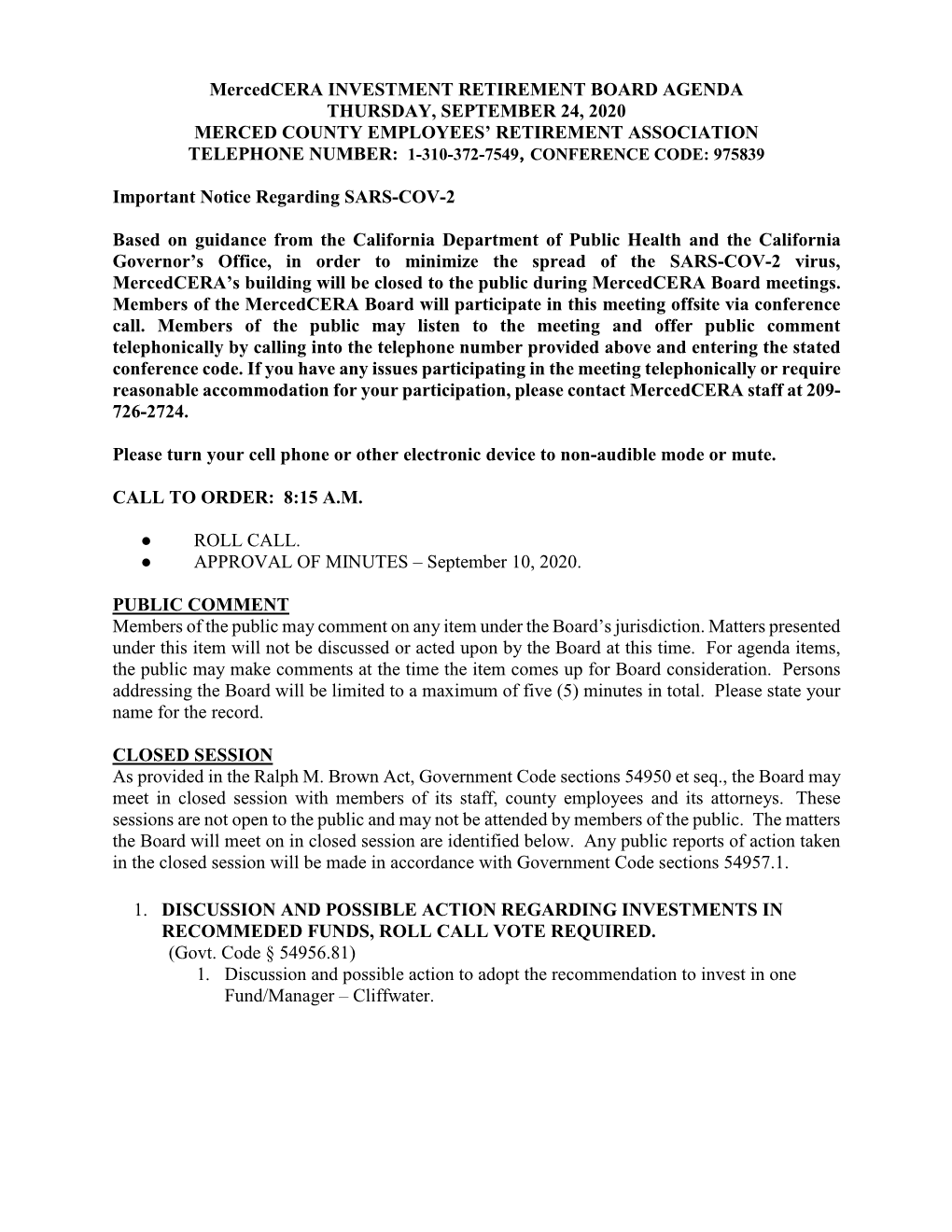 Mcera Investment Meeting Agenda