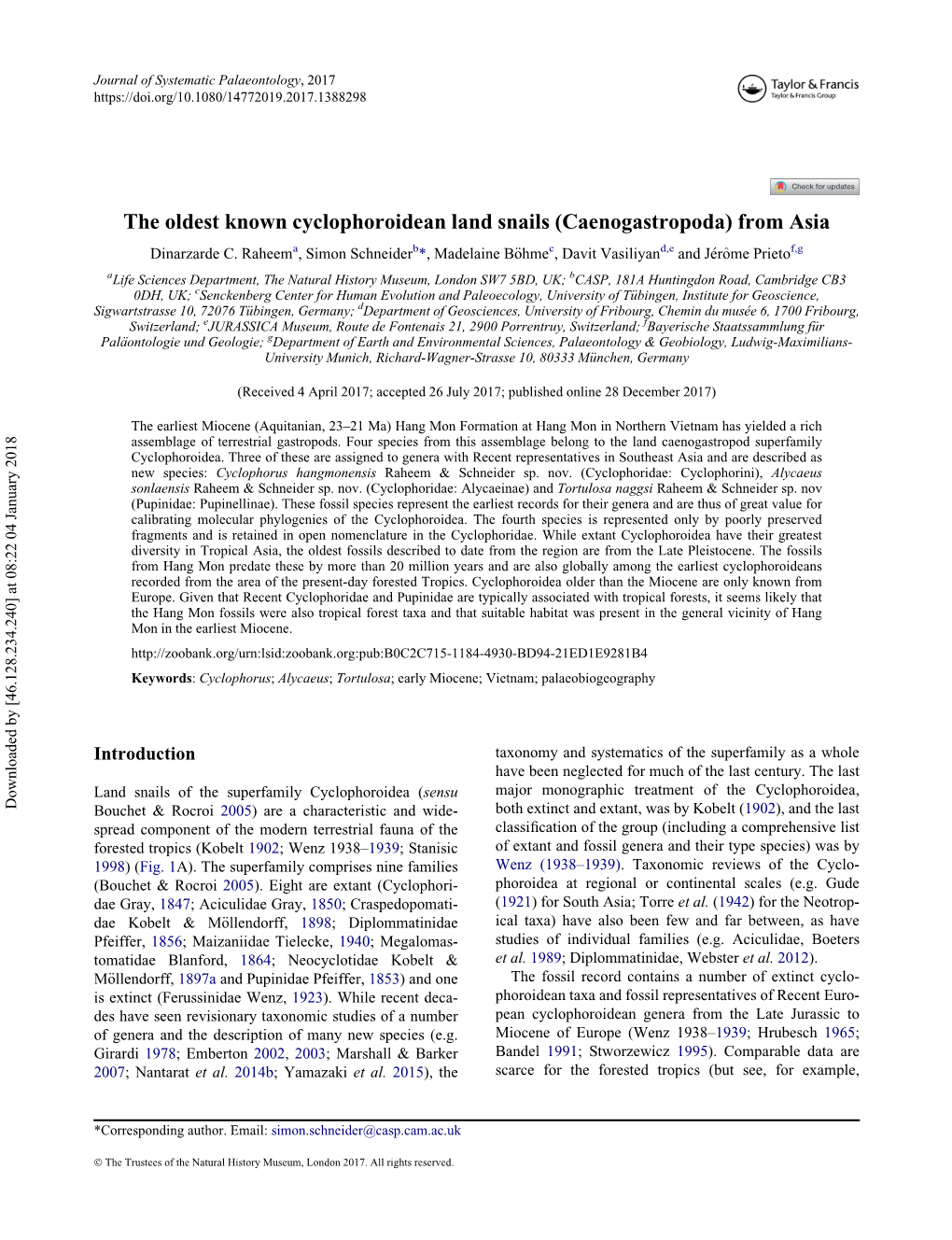 The Oldest Known Cyclophoroidean Land Snails (Caenogastropoda) from Asia Dinarzarde C