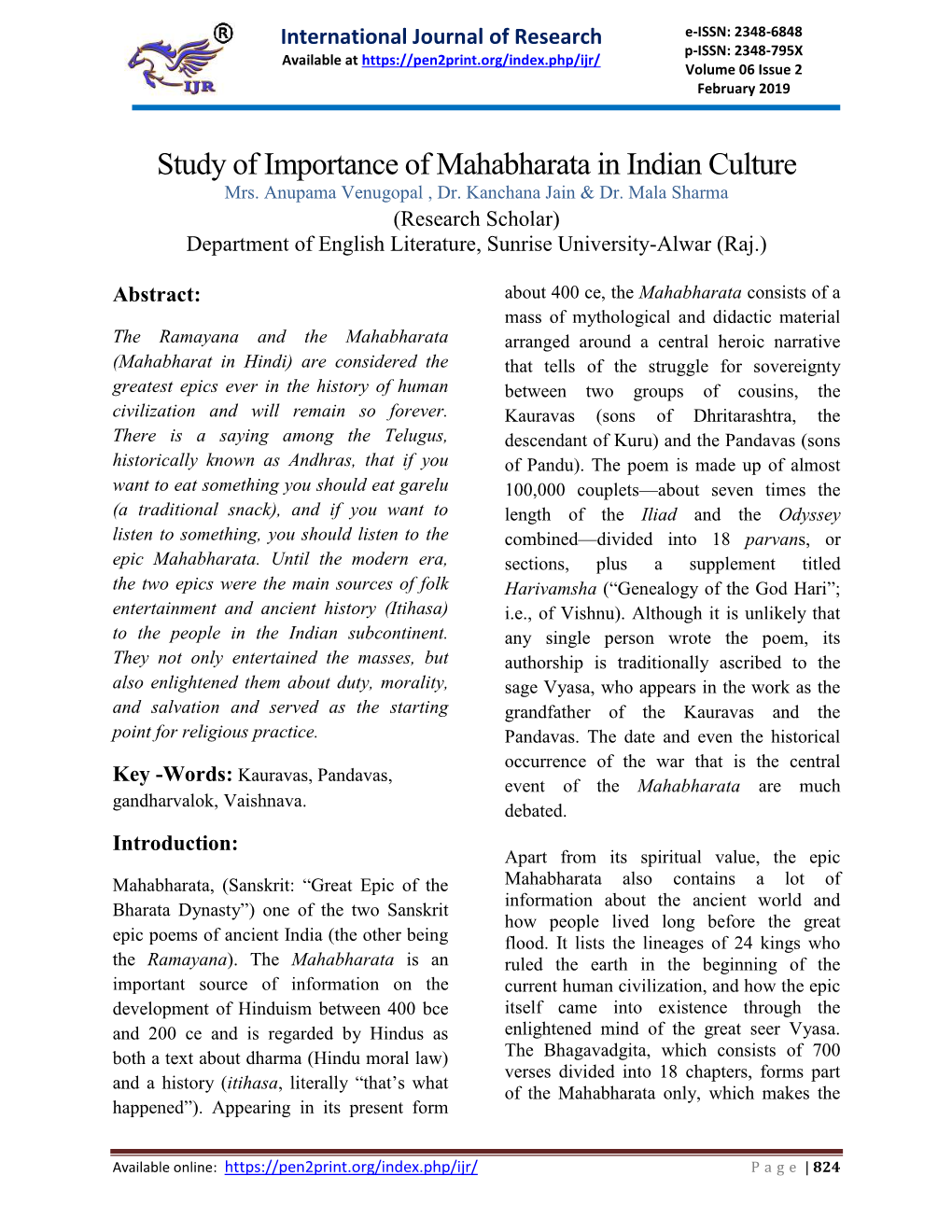 Study of Importance of Mahabharata in Indian Culture Mrs