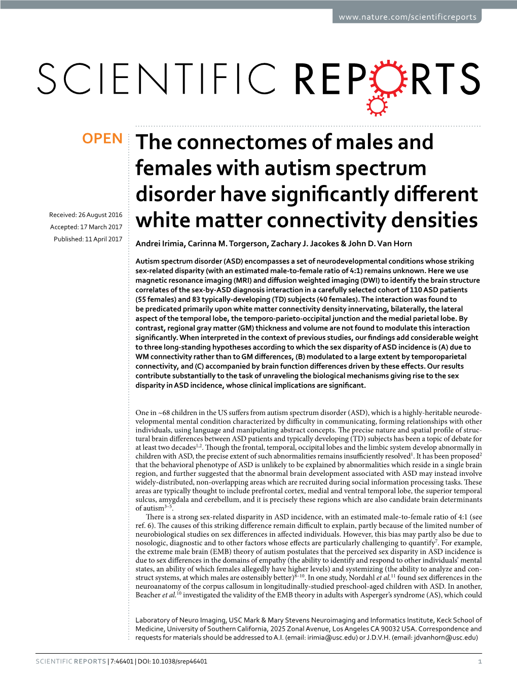 The Connectomes of Males and Females with Autism Spectrum