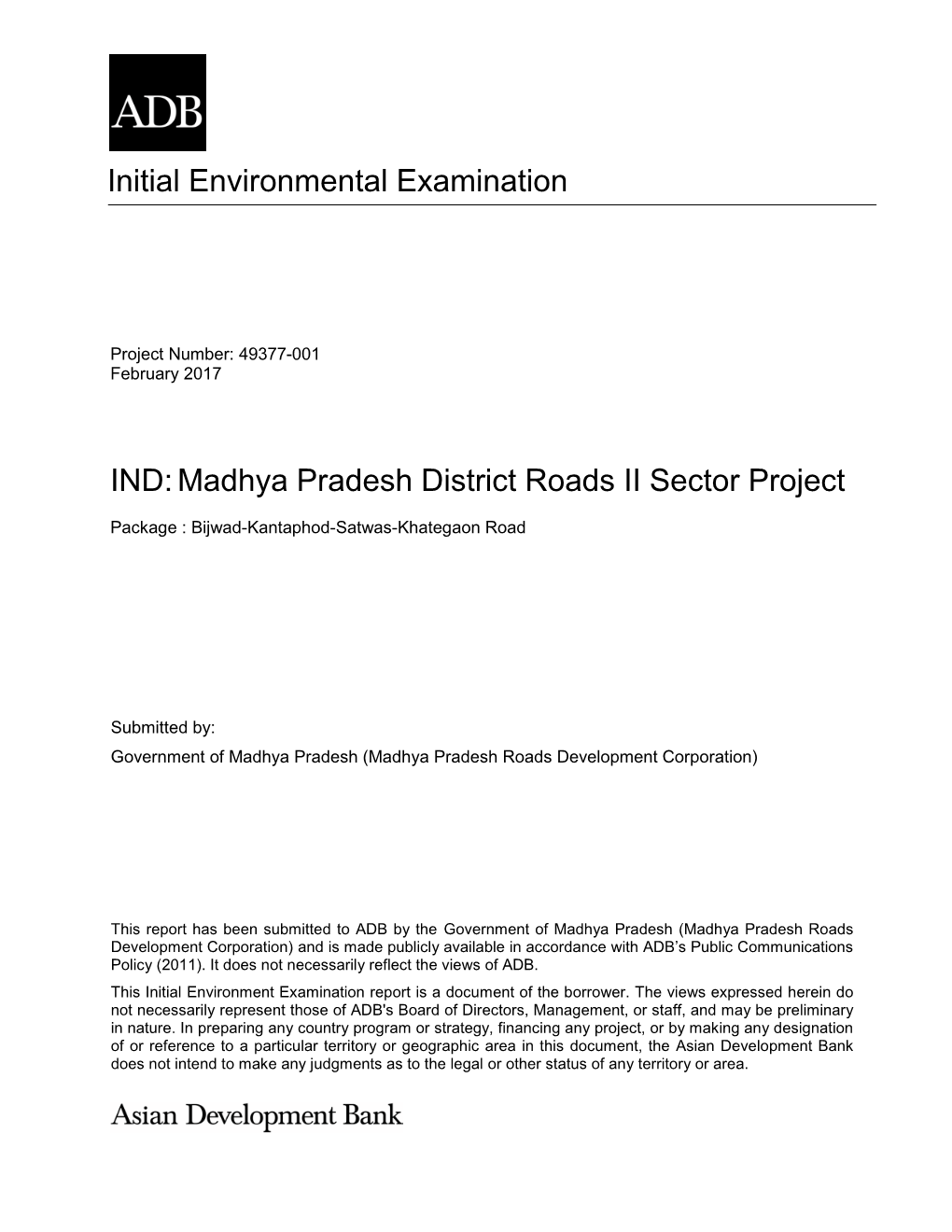 Initial Environmental Examination IND:Madhya Pradesh District