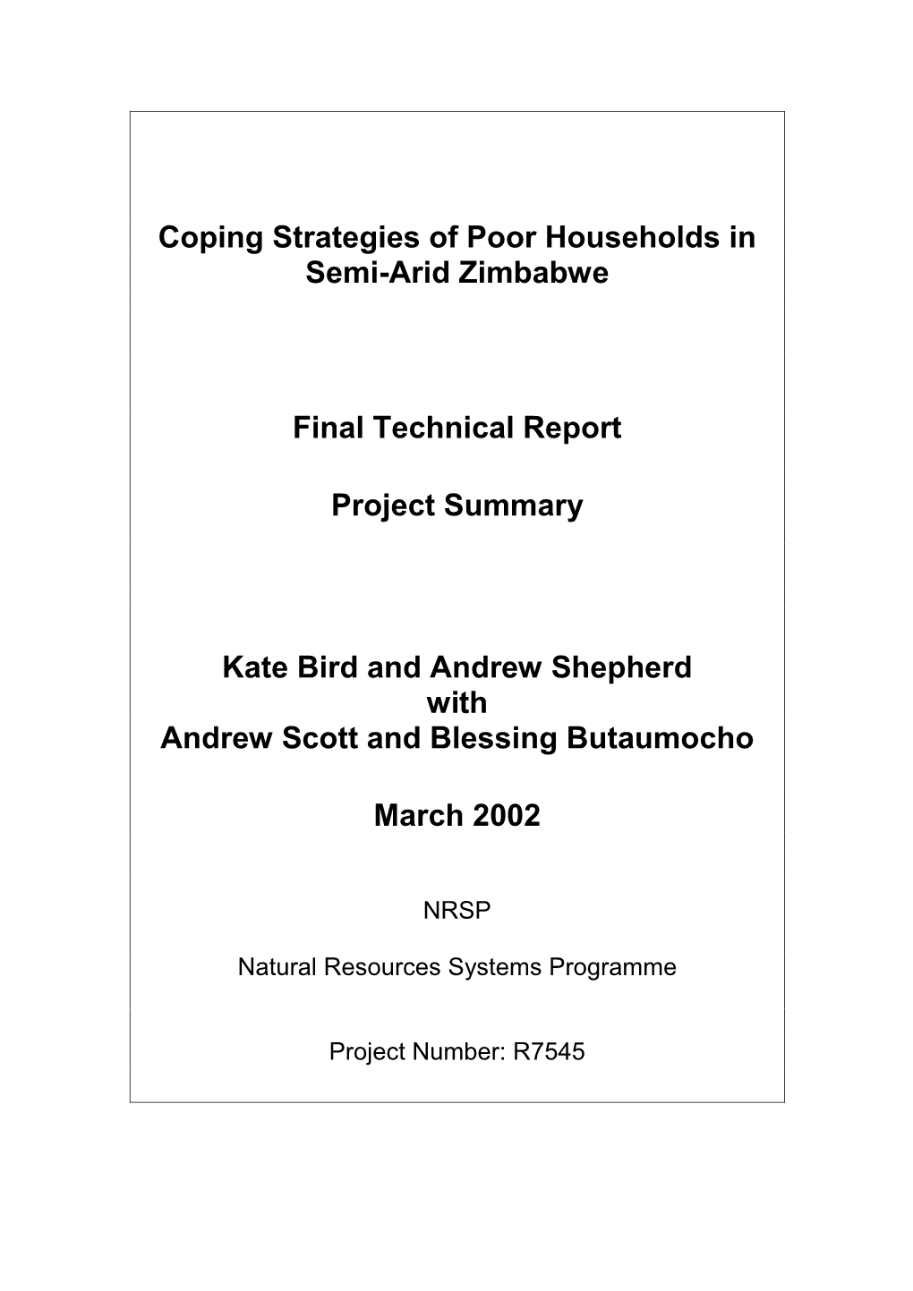 Coping Strategies of Poor Households in Semi-Arid Zimbabwe