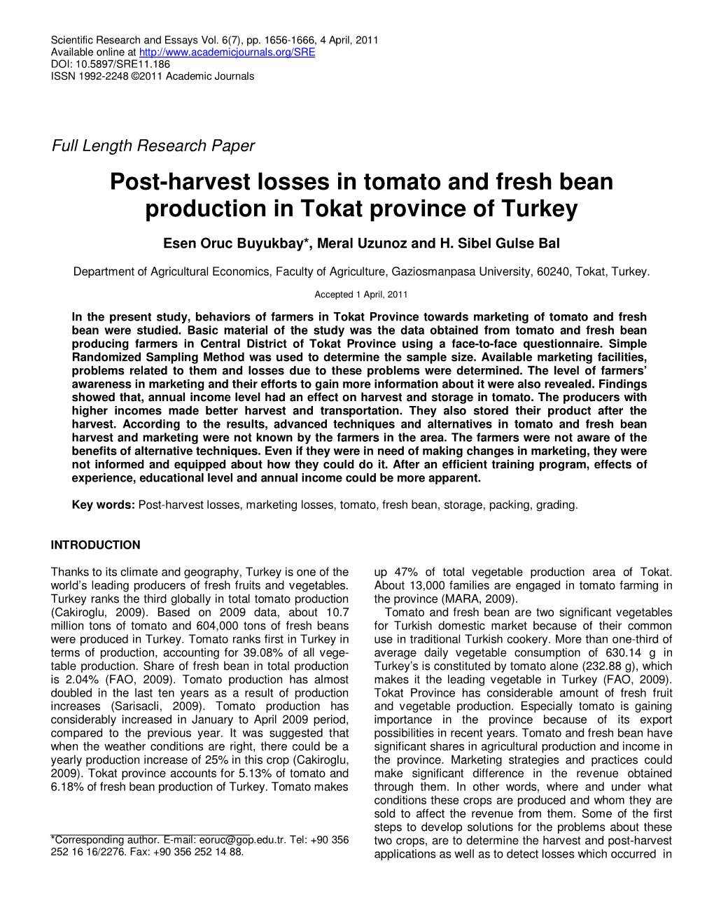 Post-Harvest Losses in Tomato and Fresh Bean Production in Tokat Province of Turkey