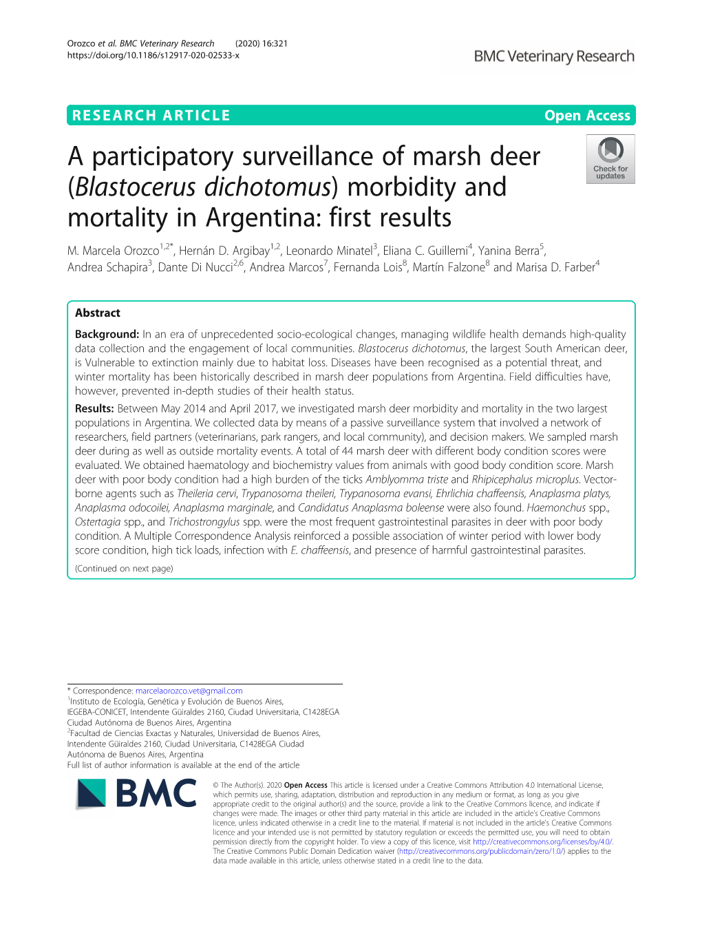 Blastocerus Dichotomus) Morbidity and Mortality in Argentina: First Results M