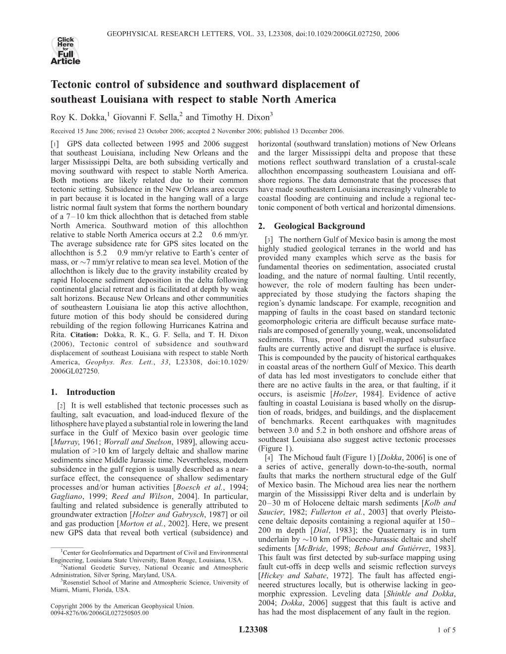 Tectonic Control of Subsidence and Southward Displacement of Southeast Louisiana with Respect to Stable North America Roy K