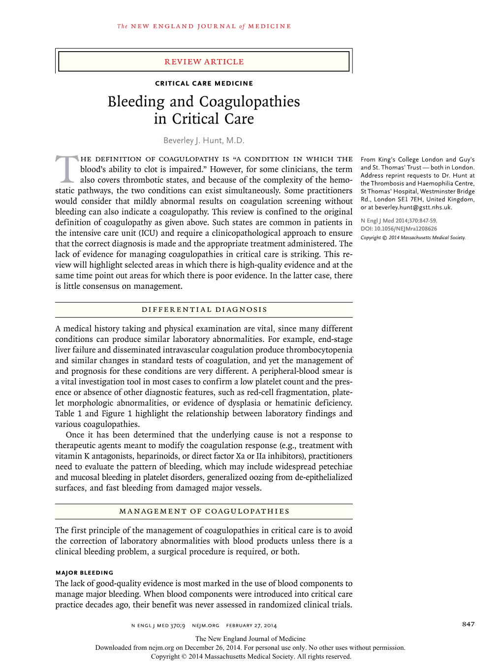 Bleeding and Coagulopathies in Critical Care Beverley J