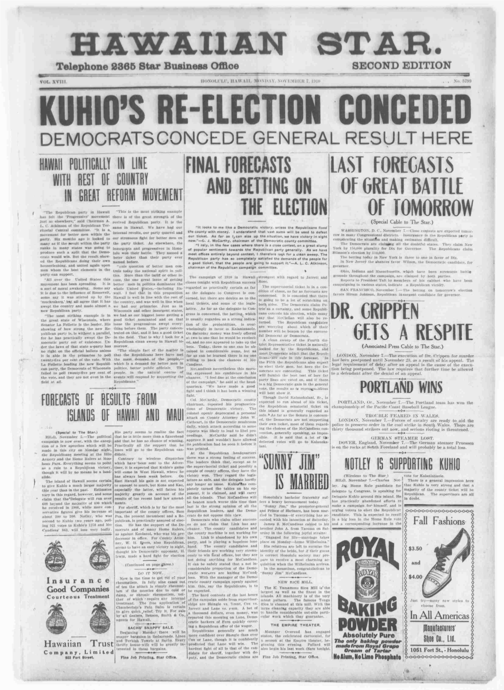Kuhio's Re-Elect- Ion Democratsconcede General Result Here