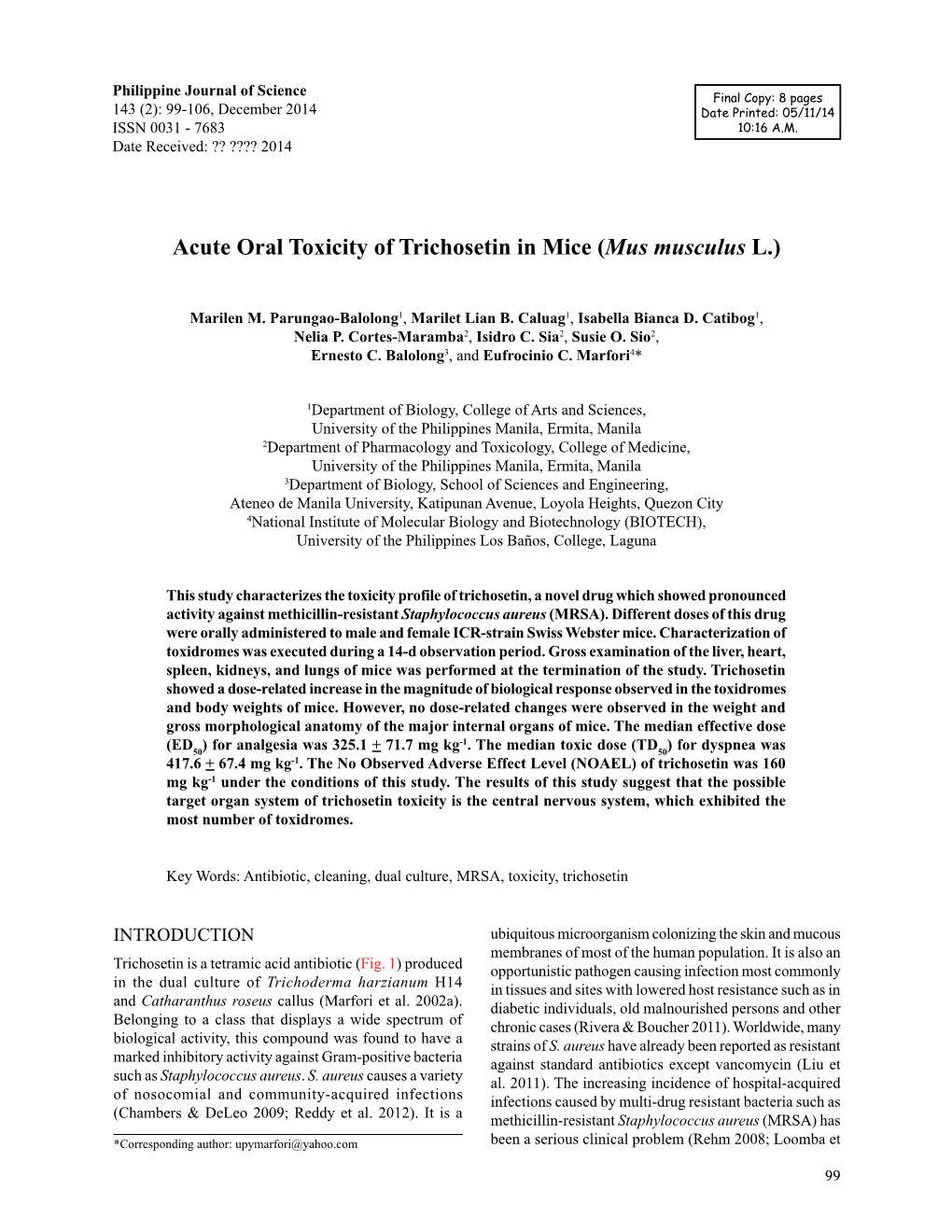 Acute Oral Toxicity of Trichosetin in Mice (Mus Musculus L.)