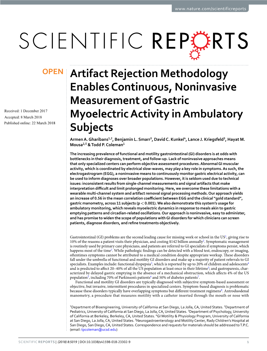 Artifact Rejection Methodology Enables Continuous, Noninvasive Measurement of Gastric Myoelectric Activity in Ambulatory Subject