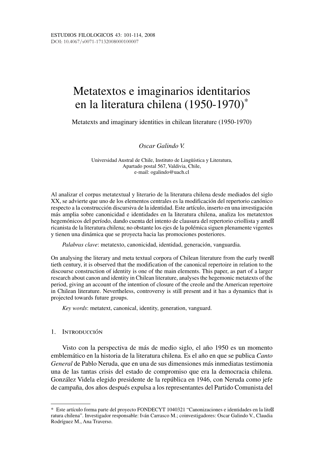 Metatextos E Imaginarios Identitarios En La Literatura Chilena (1950-1970)*