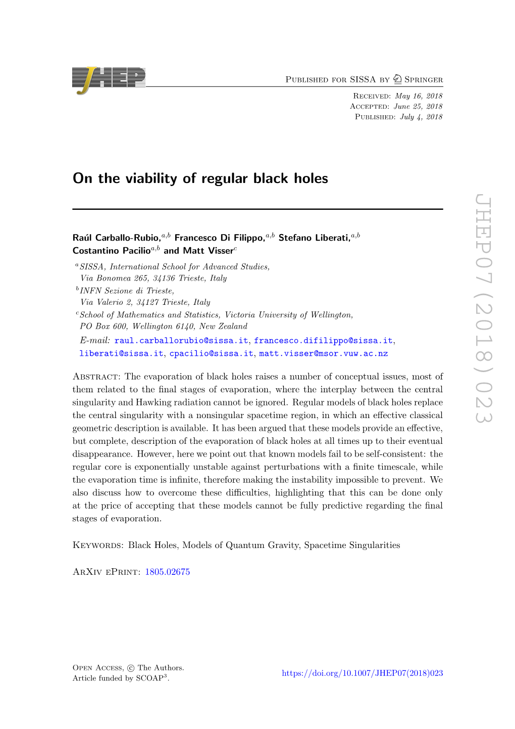 On the Viability of Regular Black Holes JHEP07(2018)023 ]— 7 – 3 ]