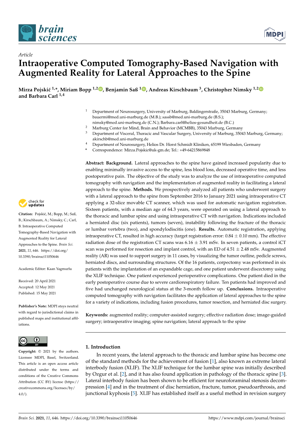 Intraoperative Computed Tomography-Based Navigation with Augmented Reality for Lateral Approaches to the Spine