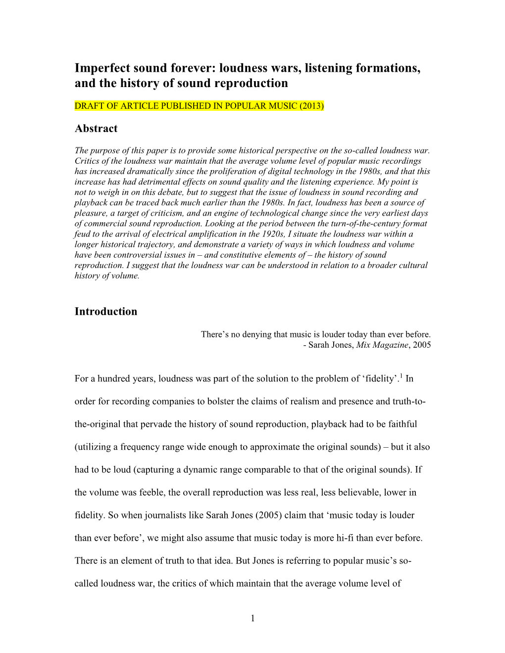 Loudness Wars, Listening Formations, and the History of Sound Reproduction