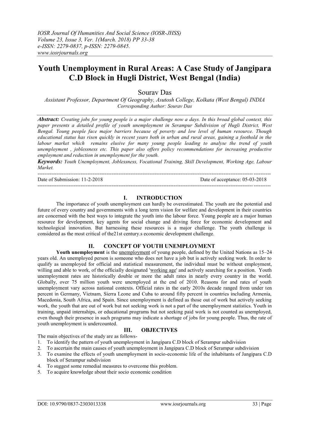 Youth Unemployment in Rural Areas: a Case Study of Jangipara C.D Block in Hugli District, West Bengal (India)