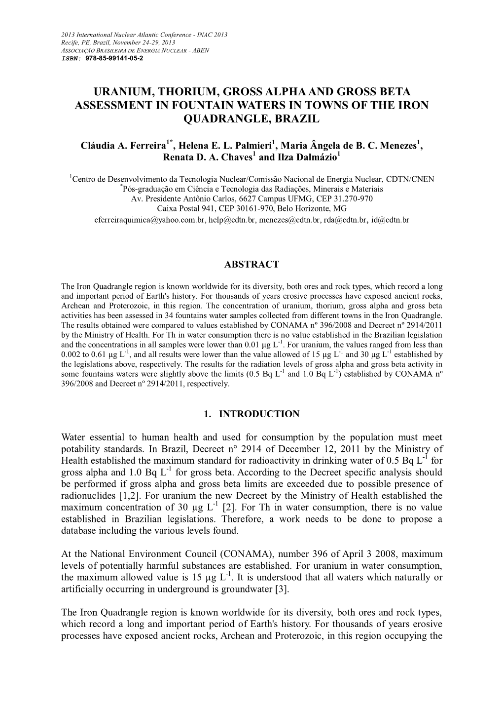 Uranium, Thorium, Gross Alpha and Gross Beta Assessment in Fountain Waters in Towns of the Iron Quadrangle, Brazil