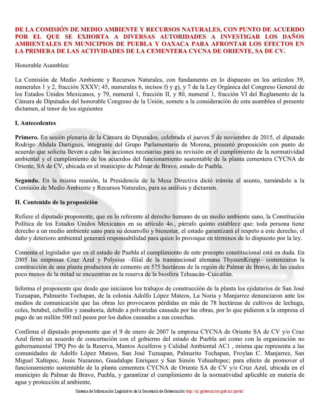 De La Comisión De Medio Ambiente Y Recursos Naturales, Con Punto De Acuerdo