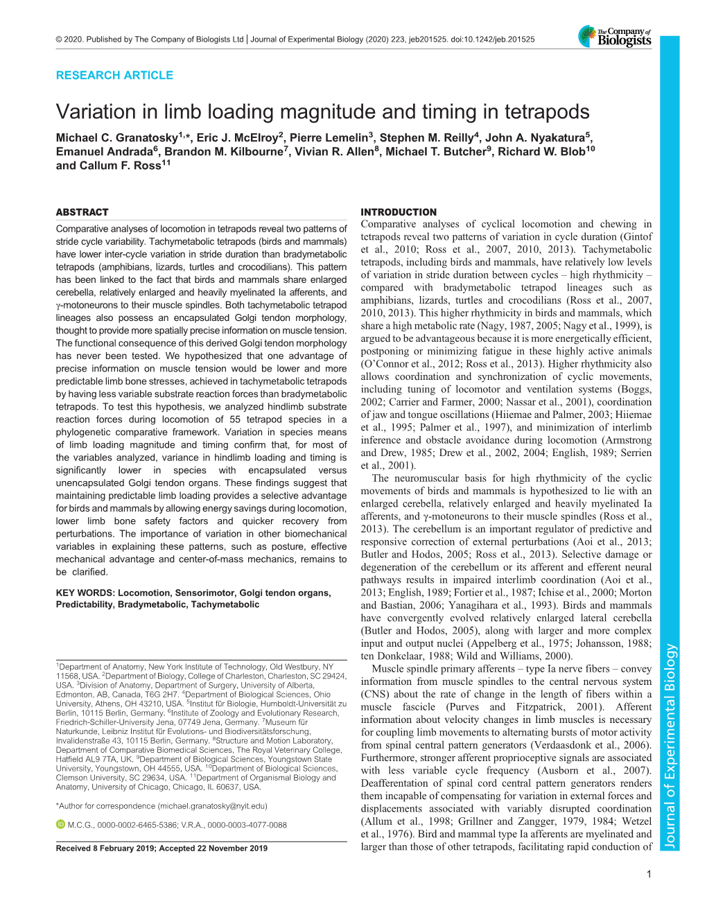 Variation in Limb Loading Magnitude and Timing in Tetrapods Michael C