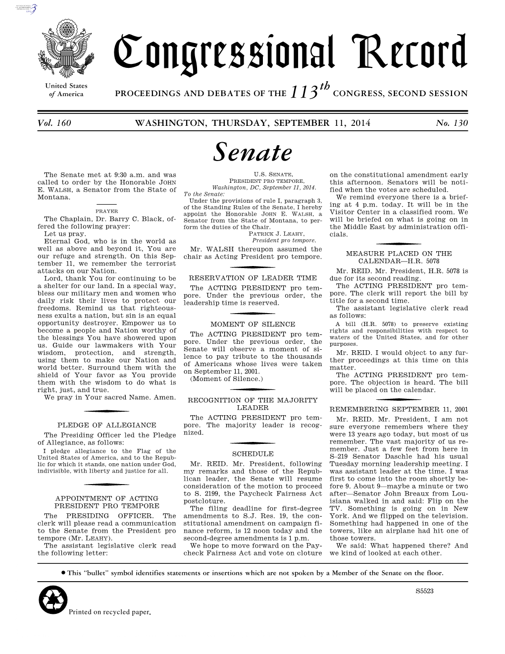 Congressional Record United States Th of America PROCEEDINGS and DEBATES of the 113 CONGRESS, SECOND SESSION