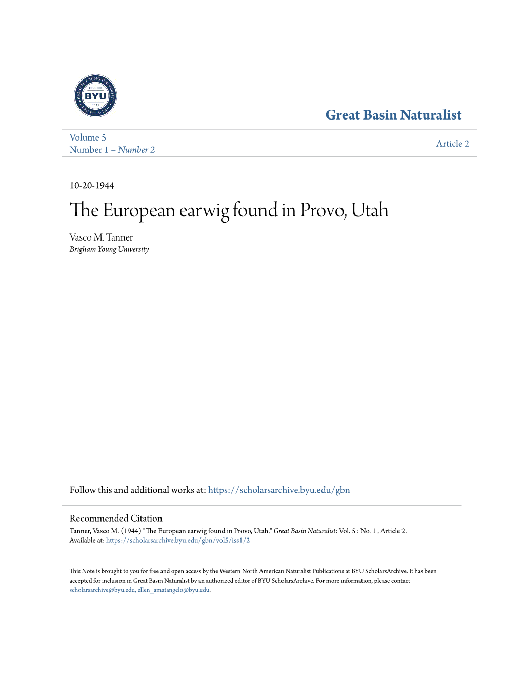 The European Earwig Found in Provo, Utah
