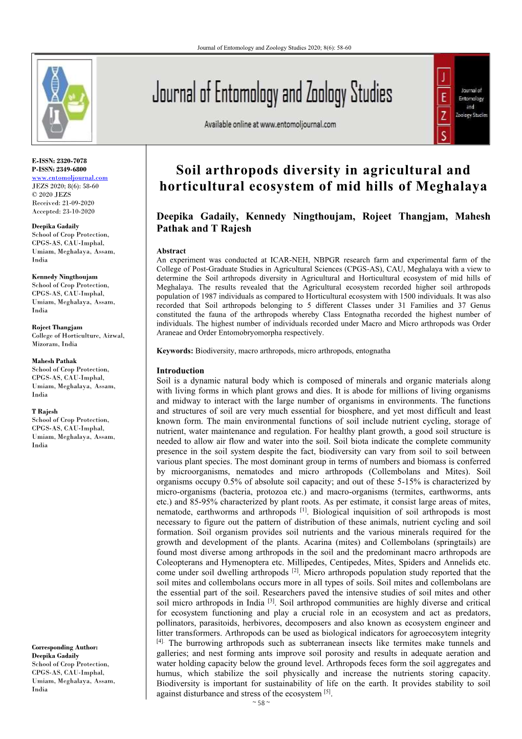 Soil Arthropods Diversity in Agricultural and Horticultural Ecosystem of Mid Hills of School of Crop Protection, Meghalaya