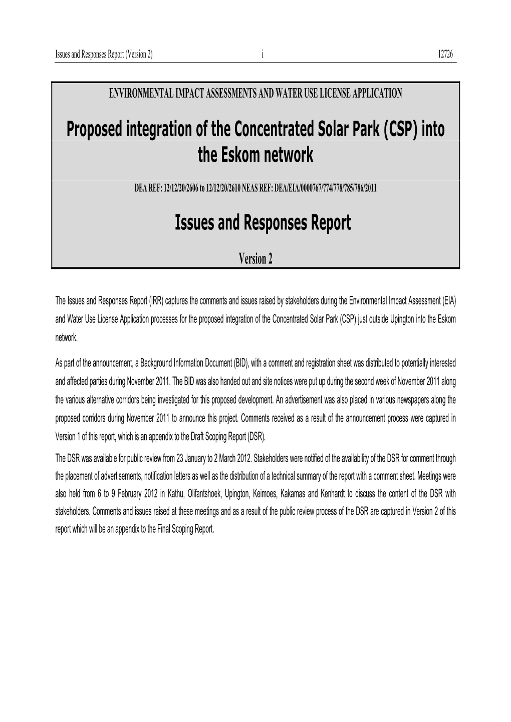 Proposed Integration of the Concentrated Solar Park (CSP) Into the Eskom Network