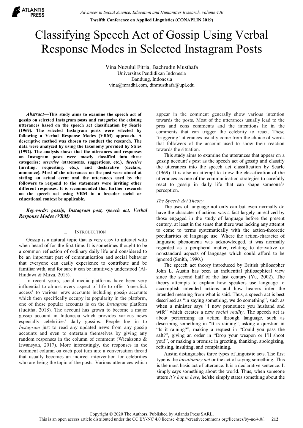 Classifying Speech Act of Gossip Using Verbal Response Modes in Selected Instagram Posts