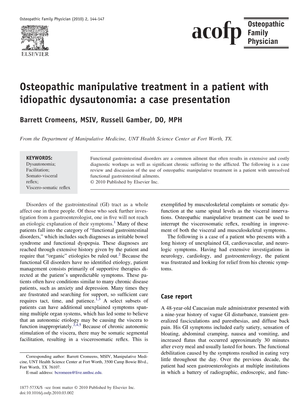 Osteopathic Manipulative Treatment in a Patient with Idiopathic Dysautonomia: a Case Presentation