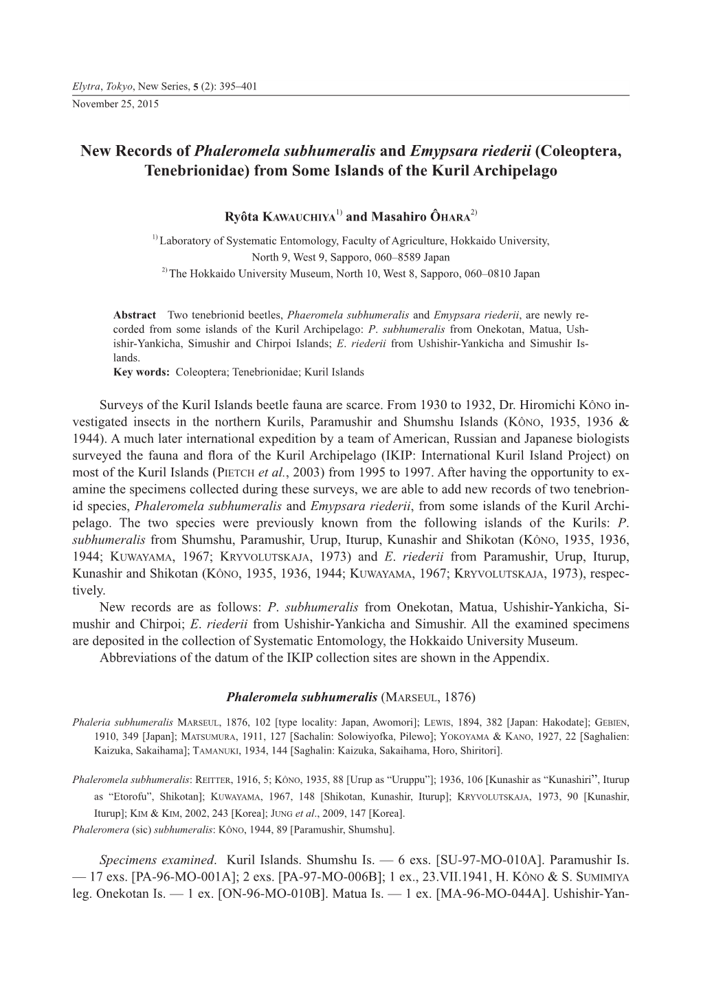 New Records of Phaleromela Subhumeralis and Emypsara Riederii (Coleoptera, Tenebrionidae) from Some Islands of the Kuril Archipelago