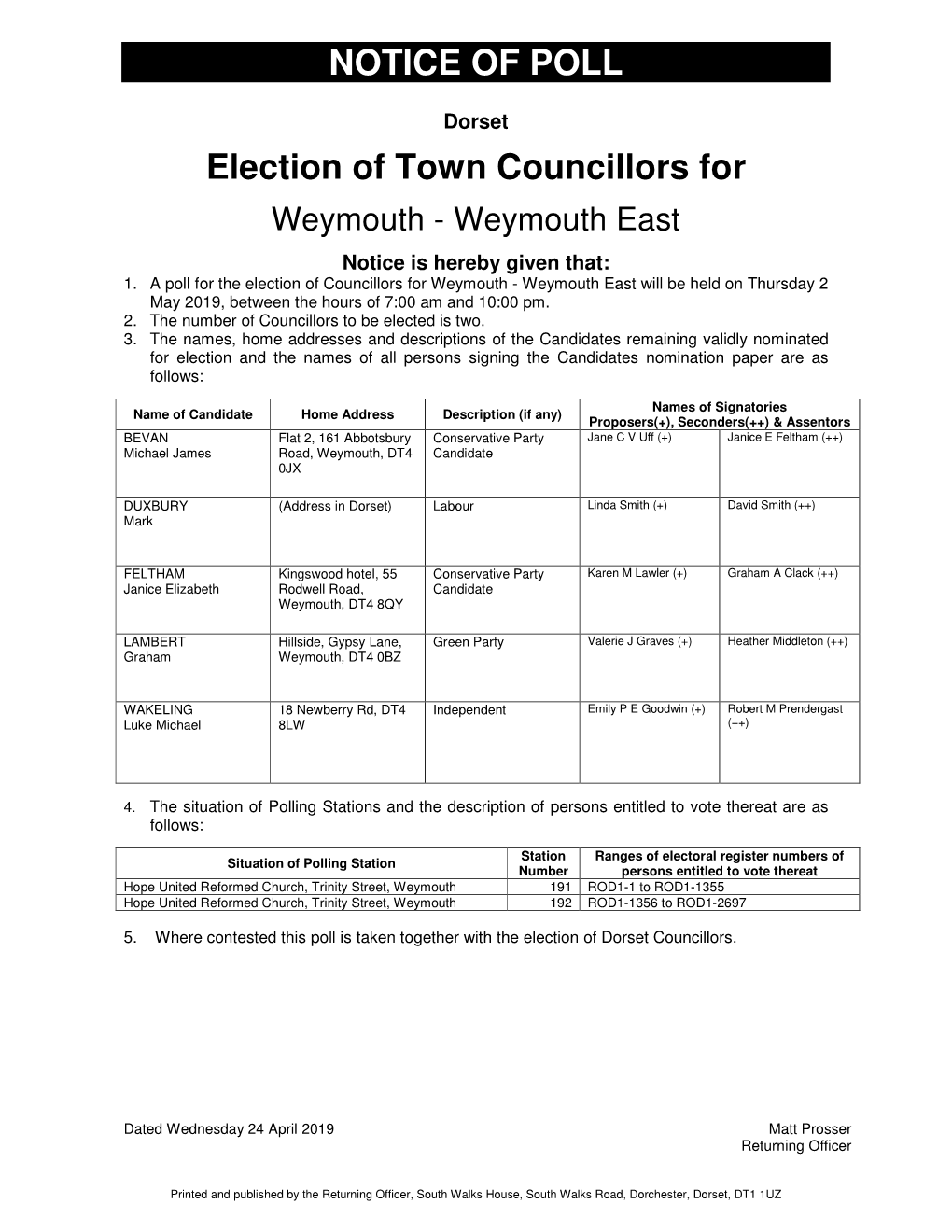 NOTICE of POLL Election of Town Councillors