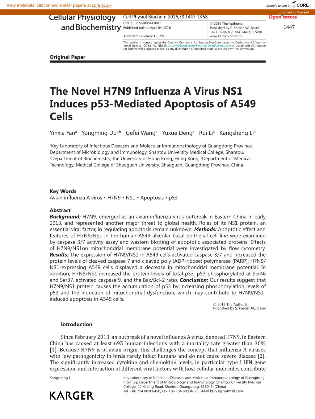 The Novel H7N9 Influenza a Virus NS1 Induces P53-Mediated Apoptosis of A549 Cells