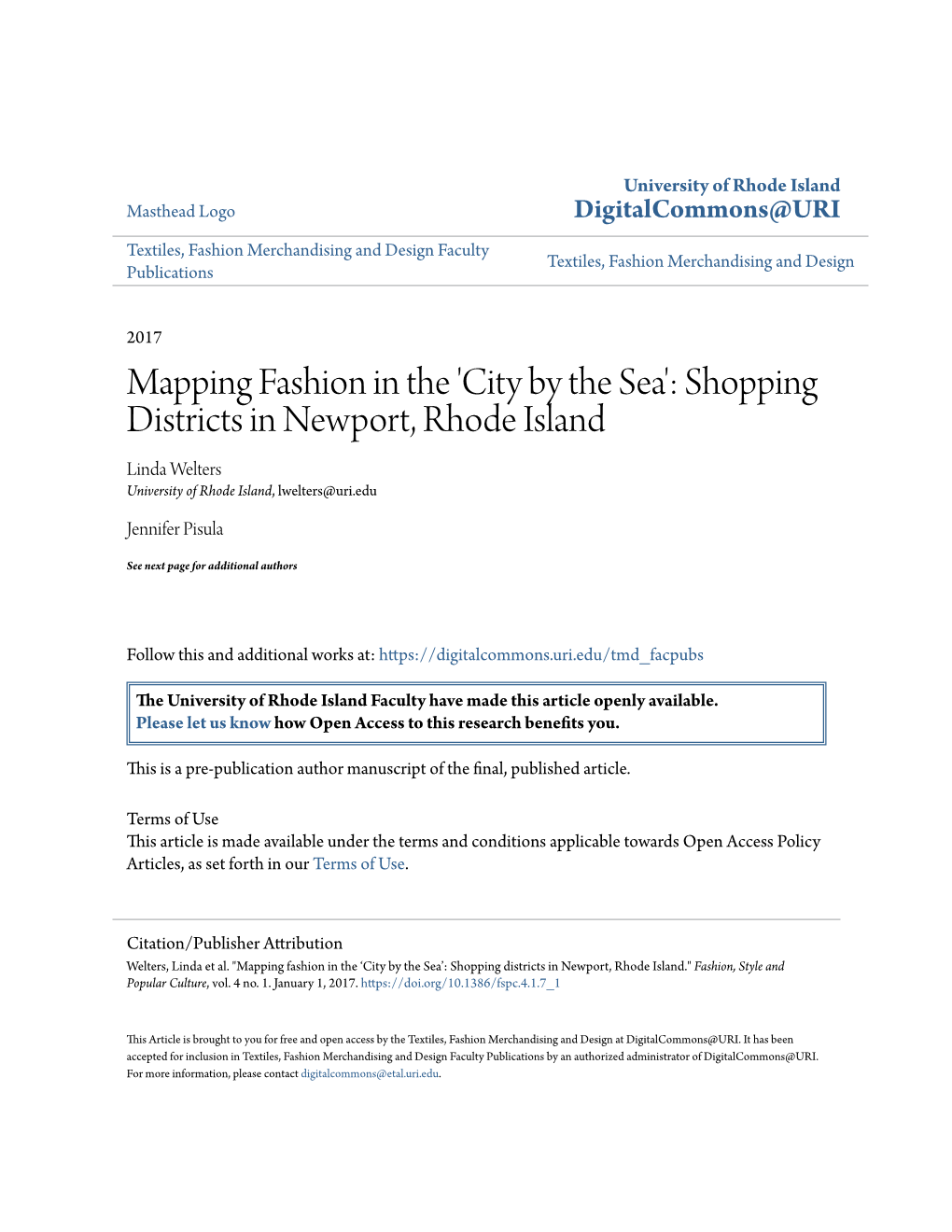 Shopping Districts in Newport, Rhode Island Linda Welters University of Rhode Island, Lwelters@Uri.Edu