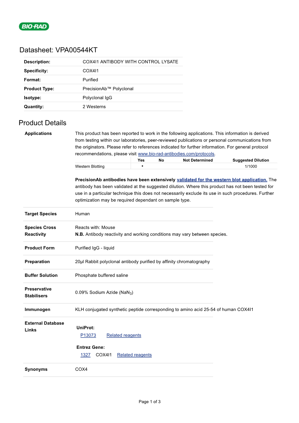 Datasheet: VPA00544KT Product Details