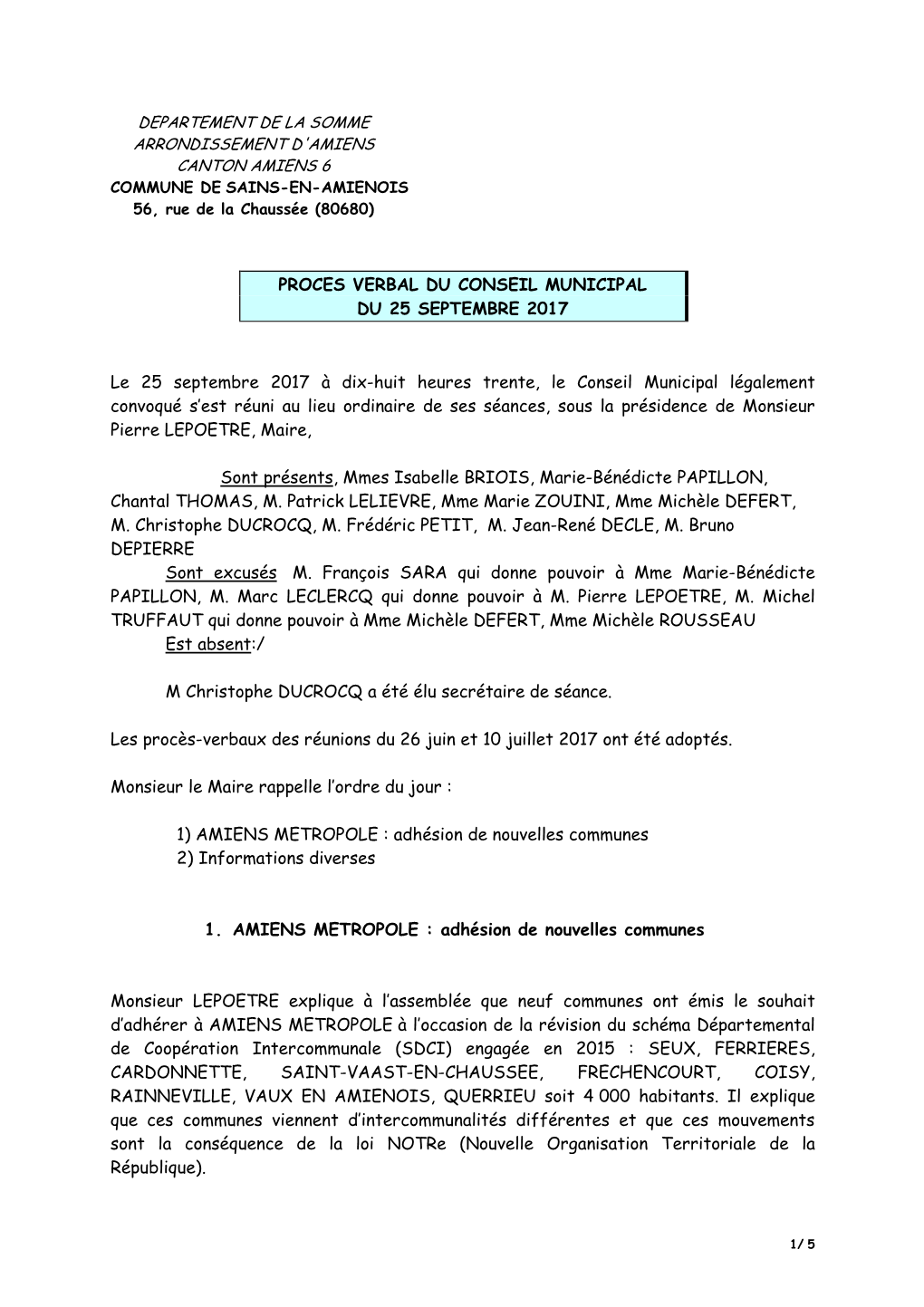 Proces Verbal Du Conseil Municipal Du 25 Septembre 2017