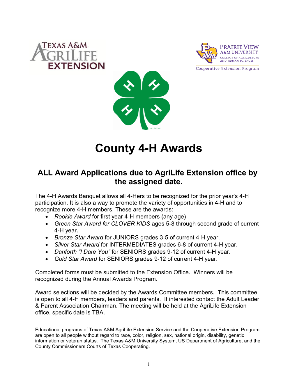 ALL Award Applications Due to Agrilife Extension Office By