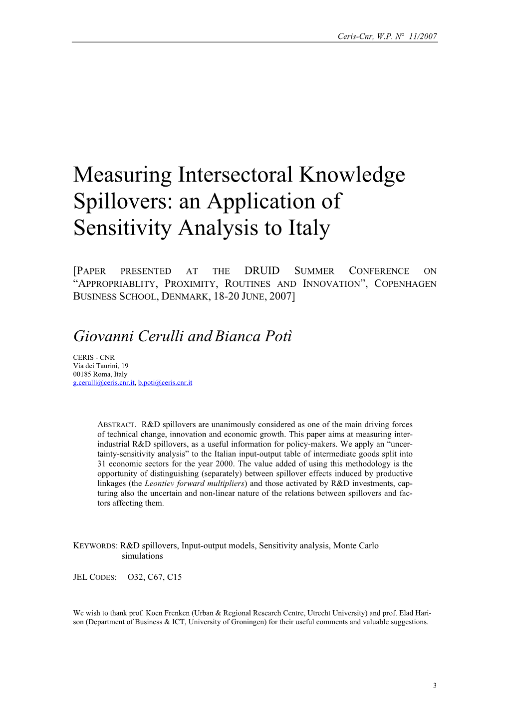 Measuring Intersectoral Knowledge Spillovers: an Application of Sensitivity Analysis to Italy