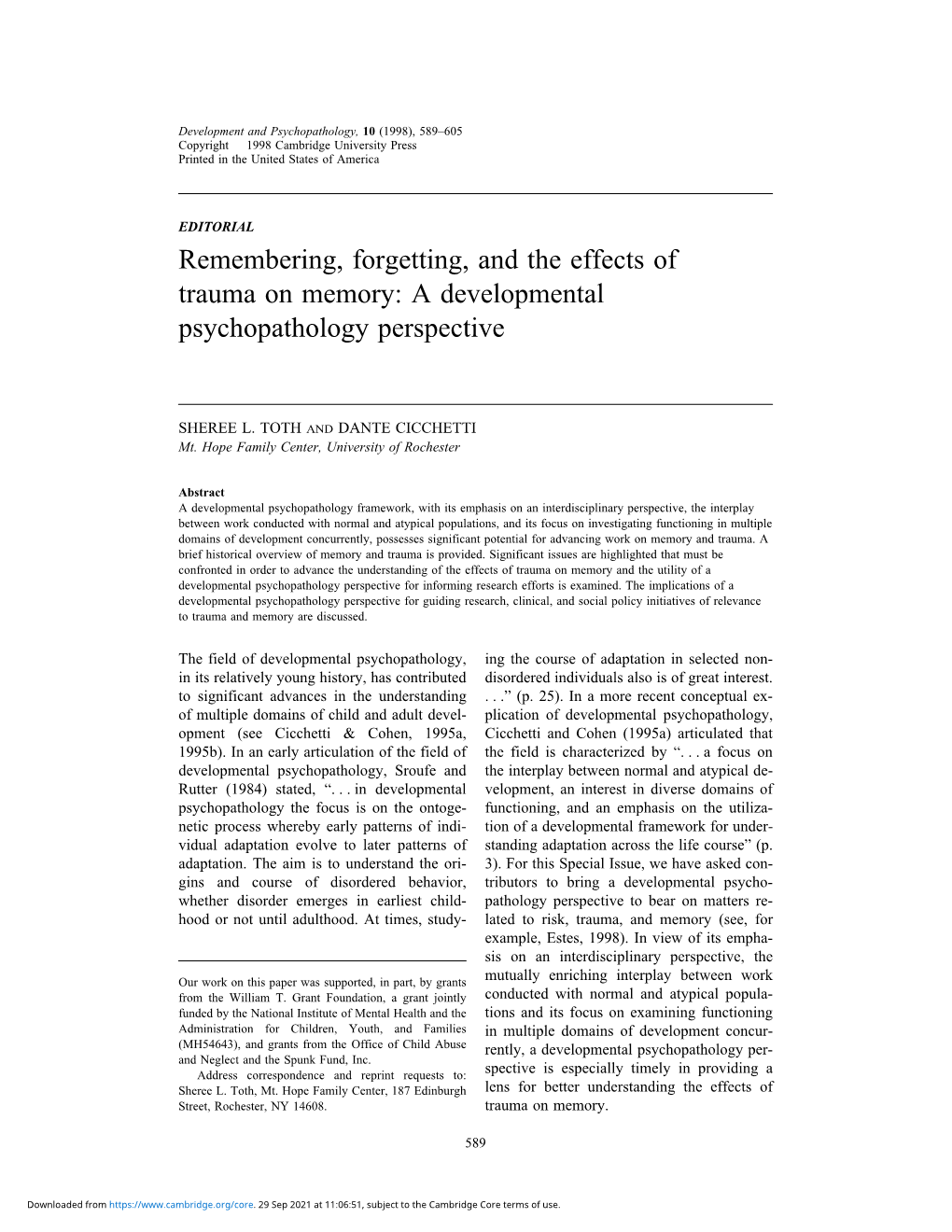 Remembering, Forgetting, and the Effects of Trauma on Memory: a Developmental Psychopathology Perspective