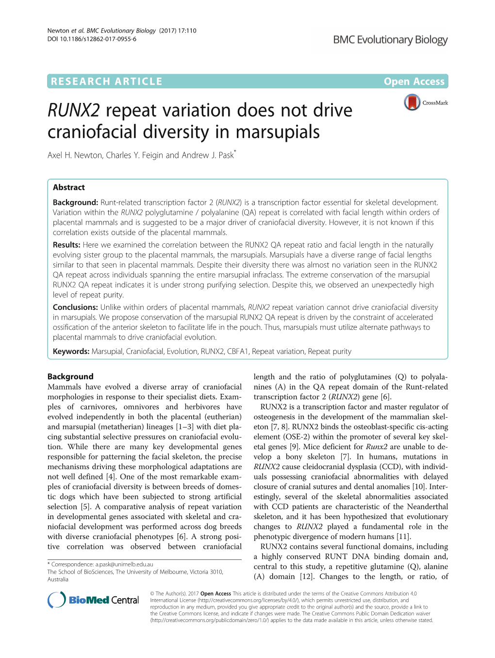 RUNX2 Repeat Variation Does Not Drive Craniofacial Diversity in Marsupials Axel H