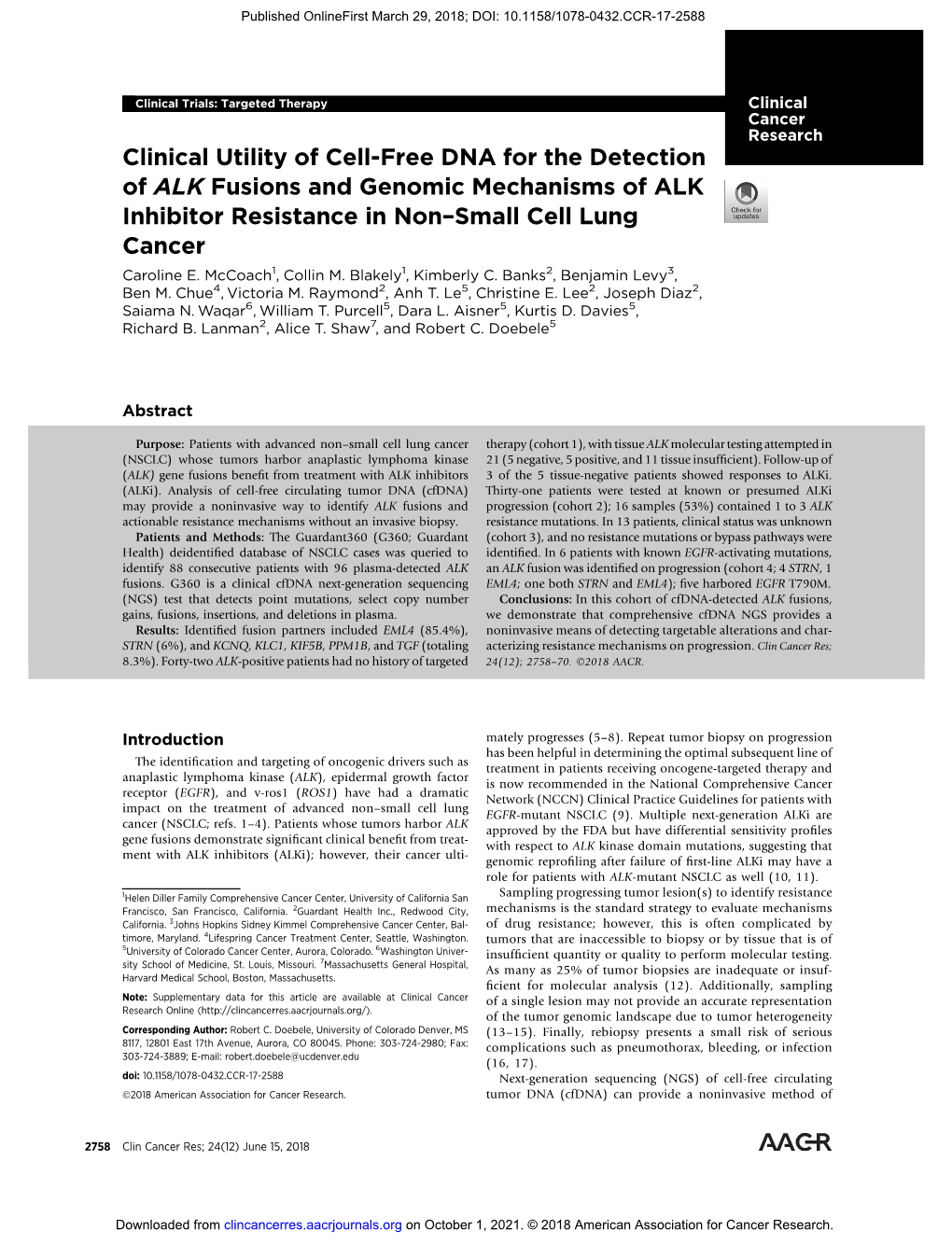 Clinical Utility of Cell-Free DNA for the Detection of ALK Fusions and Genomic Mechanisms of ALK Inhibitor Resistance in Non–Small Cell Lung Cancer Caroline E