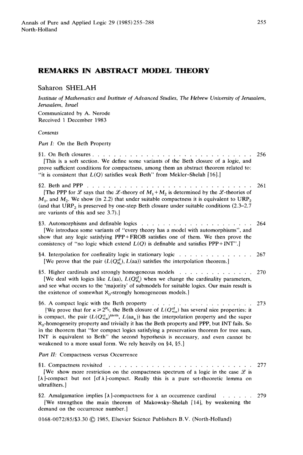 REMARKS in ABSTRACT MODEL THEORY Saharon SHELAH